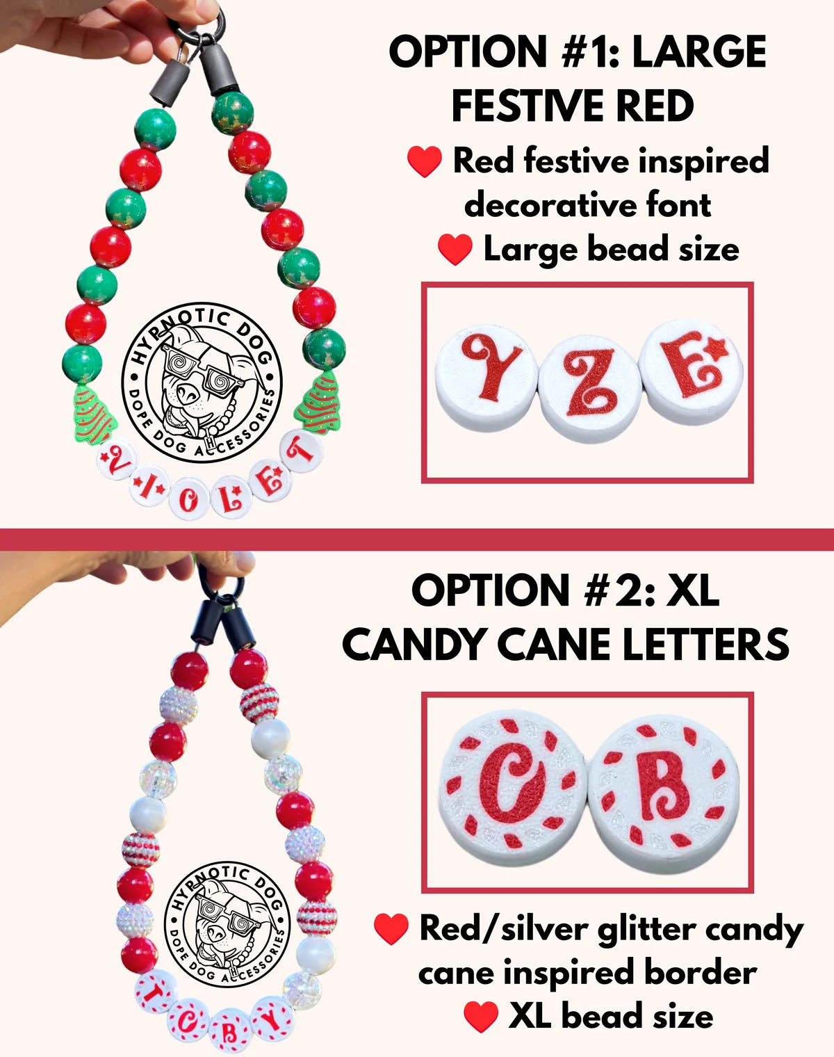 Two Christmas letter-bead options: Option 1, Large Festive Red letters, and Option 2, XL Candy Cane letters